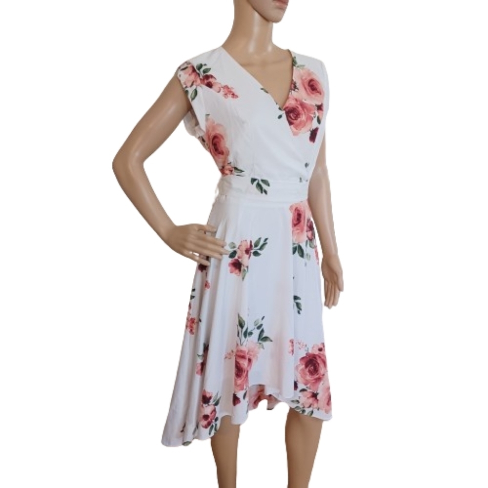 JASAMBAC White Asymmetrical Flutter Sleeve Floral Summer Sun Dress Size Small